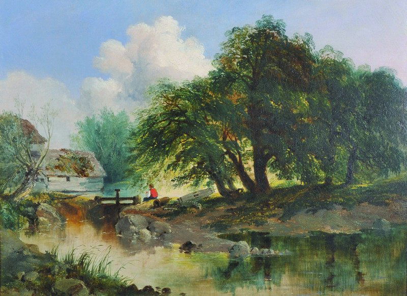 Edmund John Niemann (1813-1876) British. A River: Edmund John Niemann (1813-1876) British. A River Landscape, with a Man Fishing by a Mill House, Oil on Canvas, Signed and Indistinctly Dated, 18” x 24”.