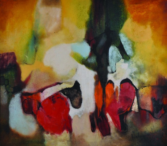 Aubrey Williams (1926-1990) British. “Thermo 111”, Oil: Aubrey Williams (1926-1990) British. “Thermo 111”, Oil on Canvas, Signed, and Signed Inscribed and Dated ’65 on the reverse, 36” x 40”.