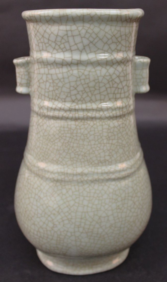 A CHINESE CRACKLEGLAZE CELADON ARROW VASE, of Hu form, (1 of 3)