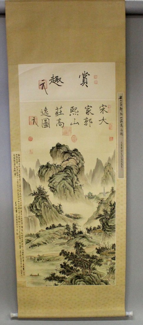 A 20TH CENTURY CHINESE HANGING SCROLL PAINTING ON SILK, (1 of 3)