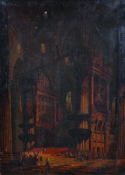 Henry Thomas Schaefer (act.1873-1915) British. A: Henry Thomas Schaefer (act.1873-1915) British. A Cathedral Interior, Possibly Milan, Oil On Canvas, Signed, Unframed, 27” x 20”. £200-£400.