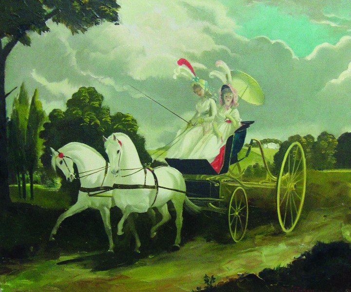 Doris Clare Zinkeisen (1898-1991) British. Two Elegant: Doris Clare Zinkeisen (1898-1991) British. Two Elegant Ladies in a Horse Drawn Carriage, Oil on Canvas, Signed, 20” x 24”. £600-£800 .