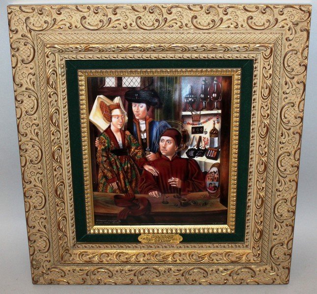 JEAN PAUL LOUP (1867-1948) FRENCH “The Money Exchanges”: JEAN PAUL LOUP (1867-1948) FRENCH “The Money Exchanges” after PETRUS CHRISTUS. A SUPERB LIMOGES ENAMEL PLAQUE. Signed. 8.5ins x 7.5ins, in a gilt frame.
