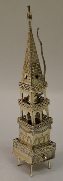 A JEWISH SILVER FIVE TIER TEMPLE with tower and: A JEWISH SILVER FIVE TIER TEMPLE with tower and bell.10.5ins high.