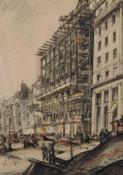 Circle of David Muirhead Bone (1876-1953) British. A: Circle of David Muirhead Bone (1876-1953) British. A Construction Site, Charcoal and Crayon, Indistinctly Signed, 11” x 8”.