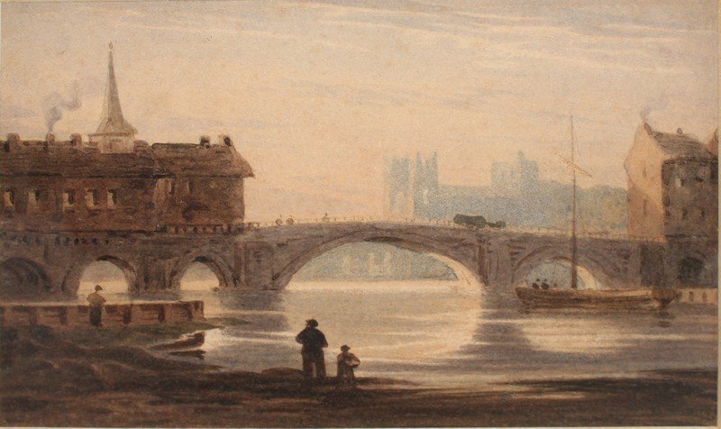 Attributed to John Varley (1778-1842) British. A London: Attributed to John Varley (1778-1842) British. A London Bridge at Low Tide, with Figures on the Shore, Watercolour, 5.25” x 8”.