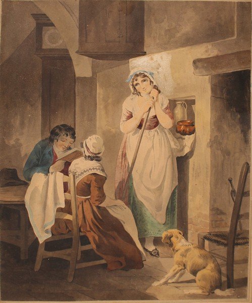 Francis Wheatley (1747-1801) British. “The Promising: Francis Wheatley (1747-1801) British. “The Promising Story”, Interior Scene, Watercolour, Inscribed on label, 12.5” x 9.25”.