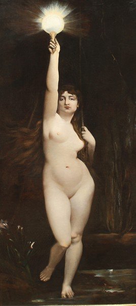 Leon Theo Noeud (1835-1910) French. ‘La Purete’, a: Leon Theo Noeud (1835-1910) French. ‘La Purete’, a Naked Lady Holding a Torch, Oil on Canvas, Signed and Dated ’80, 64.5” x 27.25”.