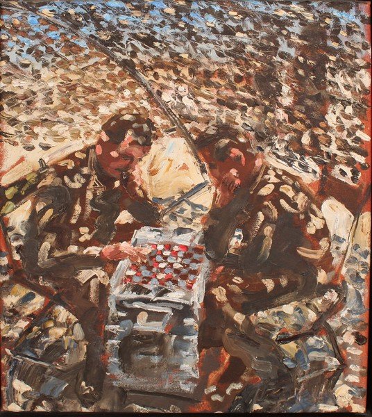 John Keane (1954- ) British. “Draughts”, Two Figures: John Keane (1954- ) British. “Draughts”, Two Figures Playing, Oil on Canvas, Signed, Inscribed and Dated 1991 on the reverse, 20” x 16”.