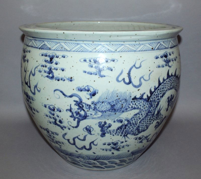 A LARGE CHINESE BLUE & WHITE PORCELAIN FISH BOWL, the (1 of 3)