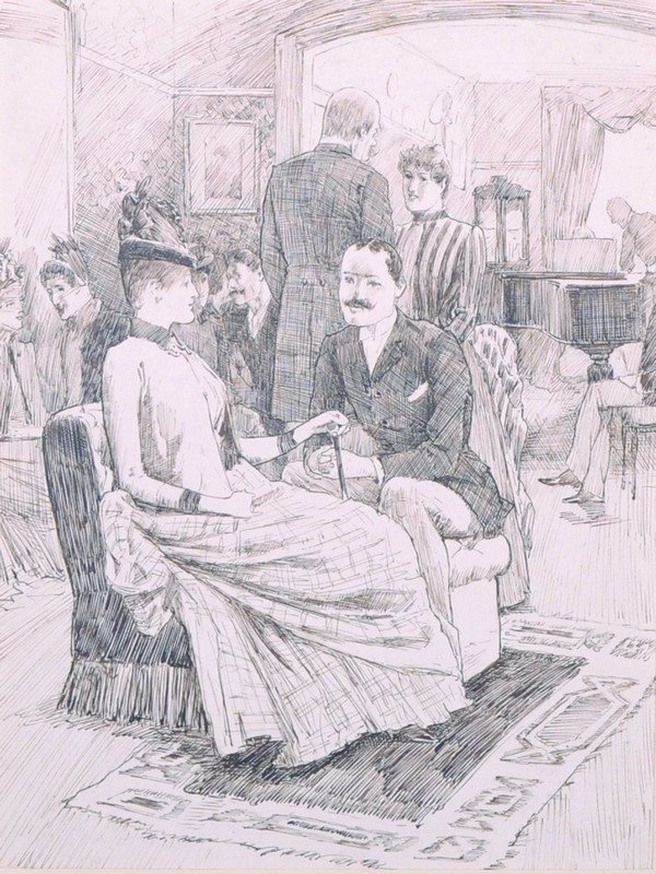 Maurice William Greiffenhagen (1862-1931) British. An: Maurice William Greiffenhagen (1862-1931) British. An Interior Scene with Figures, Pen and Ink, Inscribed on label verso, 8.5” x 6.5”.