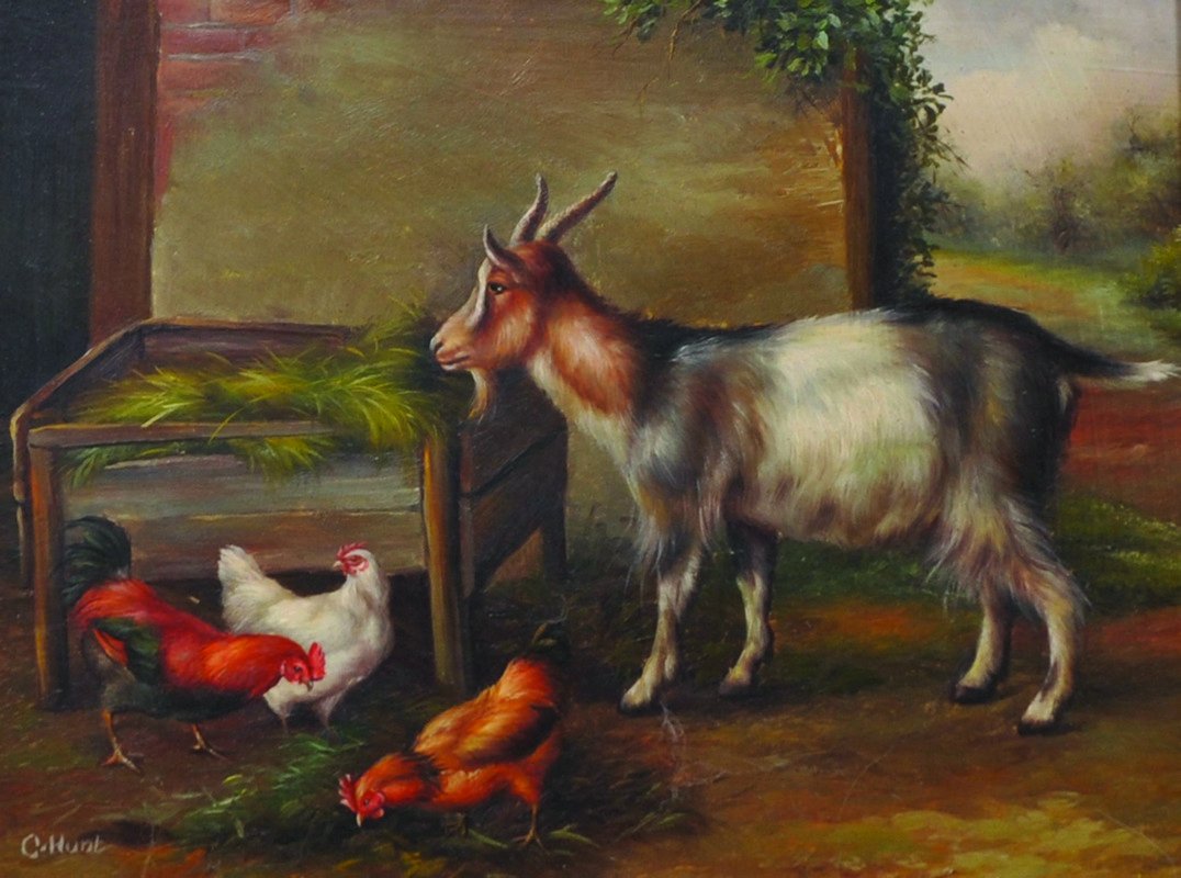 Manner of Edgar Hunt (1876-1953) British. A Goat with: Manner of Edgar Hunt (1876-1953) British. A Goat with Chickens in a farmyard, Oil on Panel, bears a Signature ‘C Hunt’, 8” x 10”.