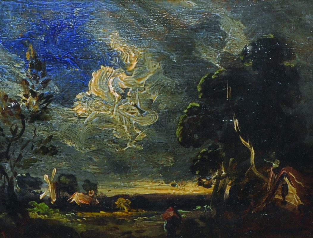 After John Constable (1776-1837) British. “Near: After John Constable (1776-1837) British. “Near Reading, Sketch”, A Wind Swept Landscape, Oil on Panel, Inscribed on label verso, In a Fine Carved Giltwood Florentine Frame, 6” x 8”.