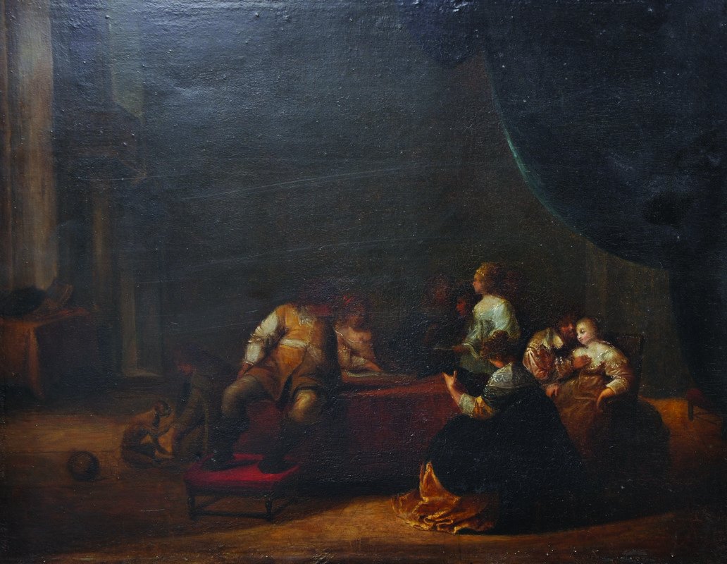Circle of Cornelis Van Poelenburgh (1586-1667) Dutch.: Circle of Cornelis Van Poelenburgh (1586-1667) Dutch. Elegant Figures Playing Musical Instruments, in an Interior, with a Man and Monkey beyond, Oil on Panel, Unframed, 10” x 12.75”.