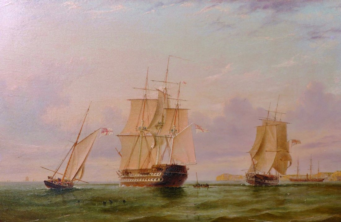 William Frederick Settle (1821-1897) British. Naval: William Frederick Settle (1821-1897) British. Naval Warships off a Coast, Oil on Panel, Signed with Initials, and Dated 1859, 8.5” x 13”.