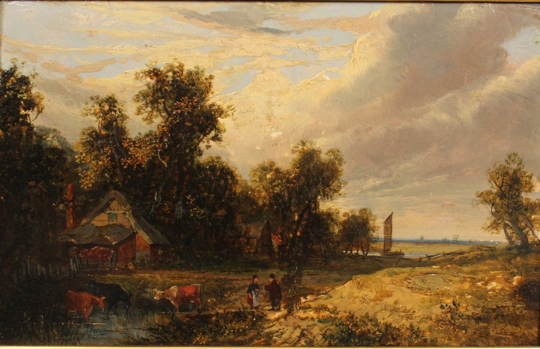 Manner of James Stark (1794-1859) British. A Norwich: Manner of James Stark (1794-1859) British. A Norwich River Landscape with Figures and Cattle, Oil on Panel, 9” x 13”.