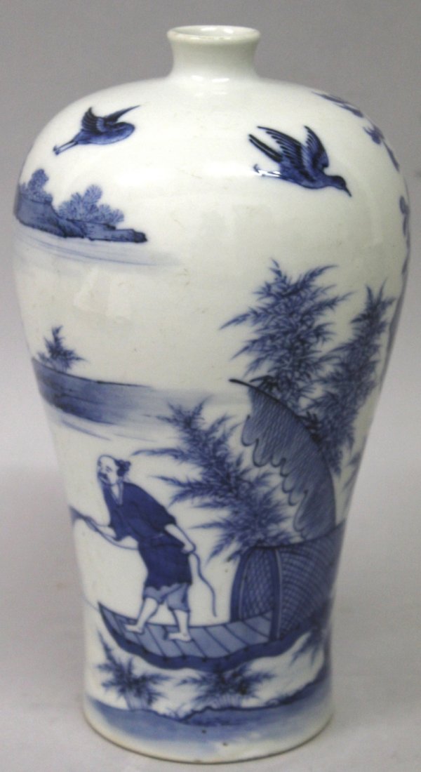 A CHINESE BLUE & WHITE MEIPING PORCELAIN VASE, the: A CHINESE BLUE & WHITE MEIPING PORCELAIN VASE, the sides decorated with a continuous river landscape scene, the base with a six-character Yongzheng mark, 9.1in high. £800-1200