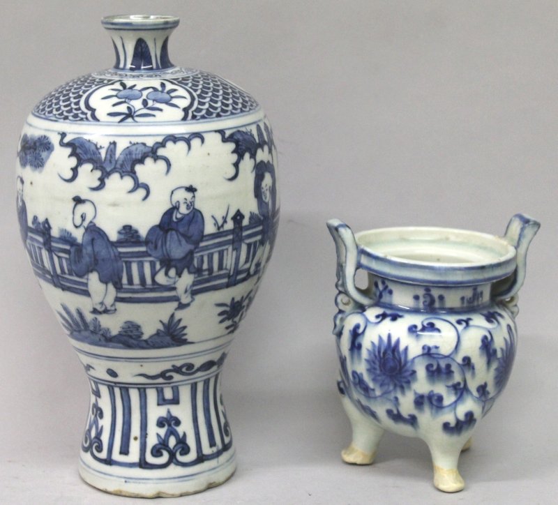 A CHINESE MING STYLE BLUE & WHITE PORCELAIN VASE,: A CHINESE MING STYLE BLUE & WHITE PORCELAIN VASE, decorated between formal borders with a continuous scene of boys in a fenced garden setting, 10.1in high; together with a Chinese Ming style porcelain