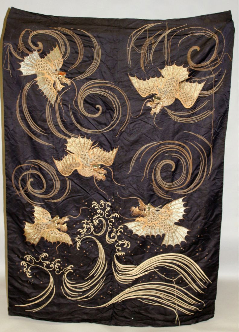 A 19TH/20TH CENTURY JAPANESE BLACK GROUND EMBROIDERED (1 of 2)