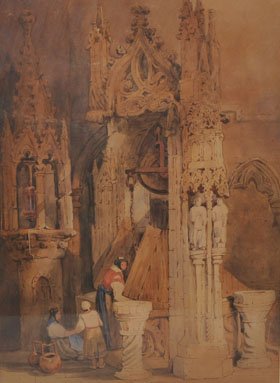 Manner of Samuel Prout (1783-1852) British. Interior of: Manner of Samuel Prout (1783-1852) British. Interior of a Church with Figures, Watercolour, 13.25” x 9”. £20-£40