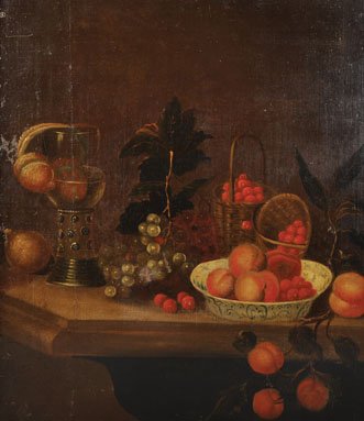 18th Century Dutch School. Still Life of Fruit, Glass,: 18th Century Dutch School. Still Life of Fruit, Glass, Baskets and a Dish on a Ledge, Oil on Canvas, 24” x 20.5”. £300-£400