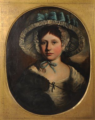 Attributed to John Singleton Copley (1738-1815): Attributed to John Singleton Copley (1738-1815) American. Portrait of a Young Girl, wearing a White Bonnet and Blue Ribbon, Circa 1785, Oil on Canvas, Oval, 24” x 18.5”. £2000-£3000