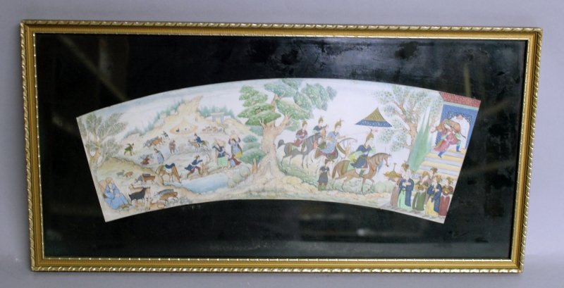 A FRAMED 20TH CENTURY PERSIAN PAINTING ON IVORY,: A FRAMED 20TH CENTURY PERSIAN PAINTING ON IVORY, depicting a group of noblemen returning from a hunt, the frame 19.75in x 9.8in. John Nicholsons Auctioneers do not ship items containing ivory to the U