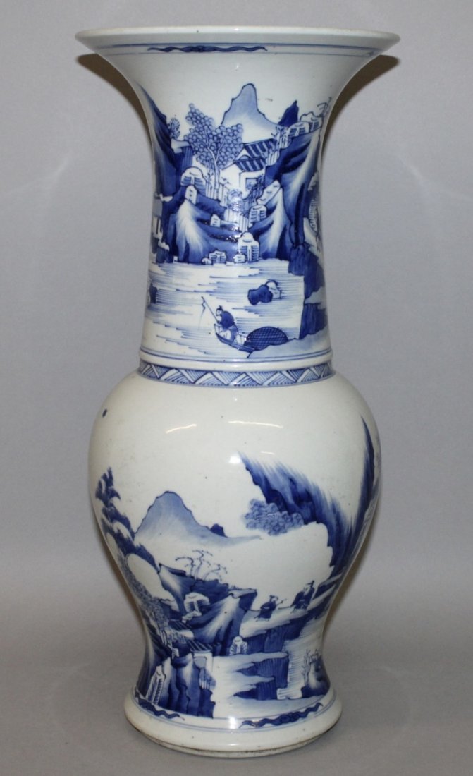 A GOOD QUALITY CHINESE BLUE & WHITE PORCELAIN YEN YEN: A GOOD QUALITY CHINESE BLUE & WHITE PORCELAIN YEN YEN VASE, sides of the baluster form body and flaring trumpet neck painted in a vivid tone of underglaze-blue with sages and boy attendants in continu