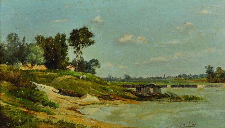 Maurice Levis (1860-1940) French. A French River: Maurice Levis (1860-1940) French. A French River Landscape with Figures, and Boats in the foreground, Oil on Canvas, Signed, 13 x 22". "