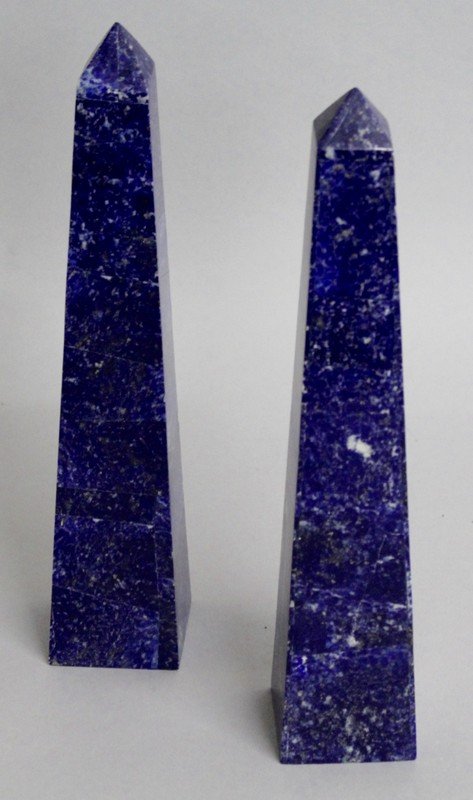 A PAIR OF LAPIS LAZULI OBELISKS. 12ins high.: A PAIR OF LAPIS LAZULI OBELISKS. 12ins high.