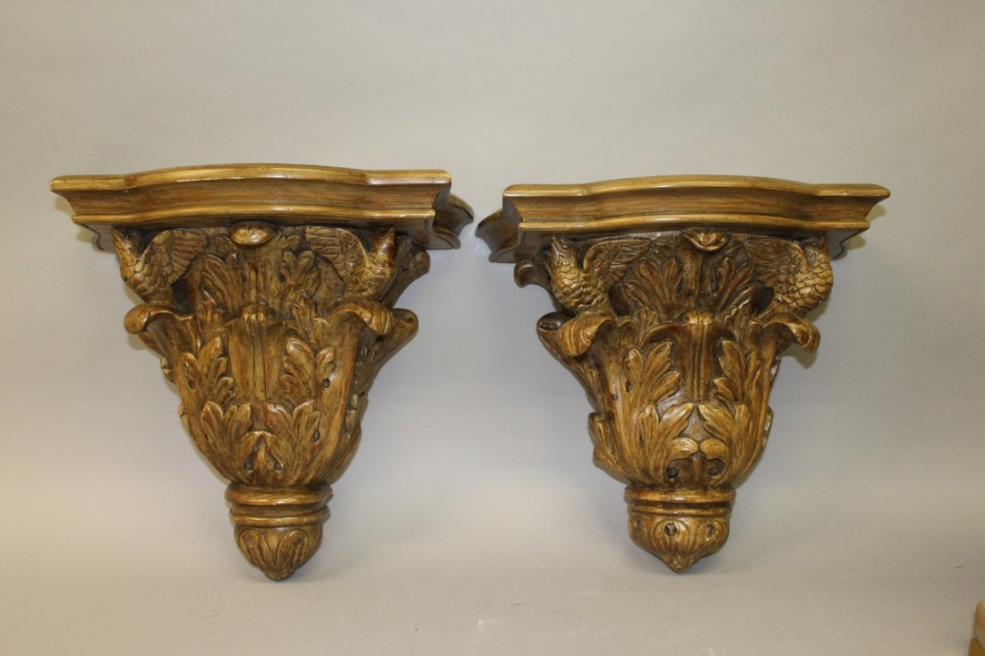 A GOOD PAIR OF CARVED WOOD BRACKETS. 14ins long.: A GOOD PAIR OF CARVED WOOD BRACKETS. 14ins long.