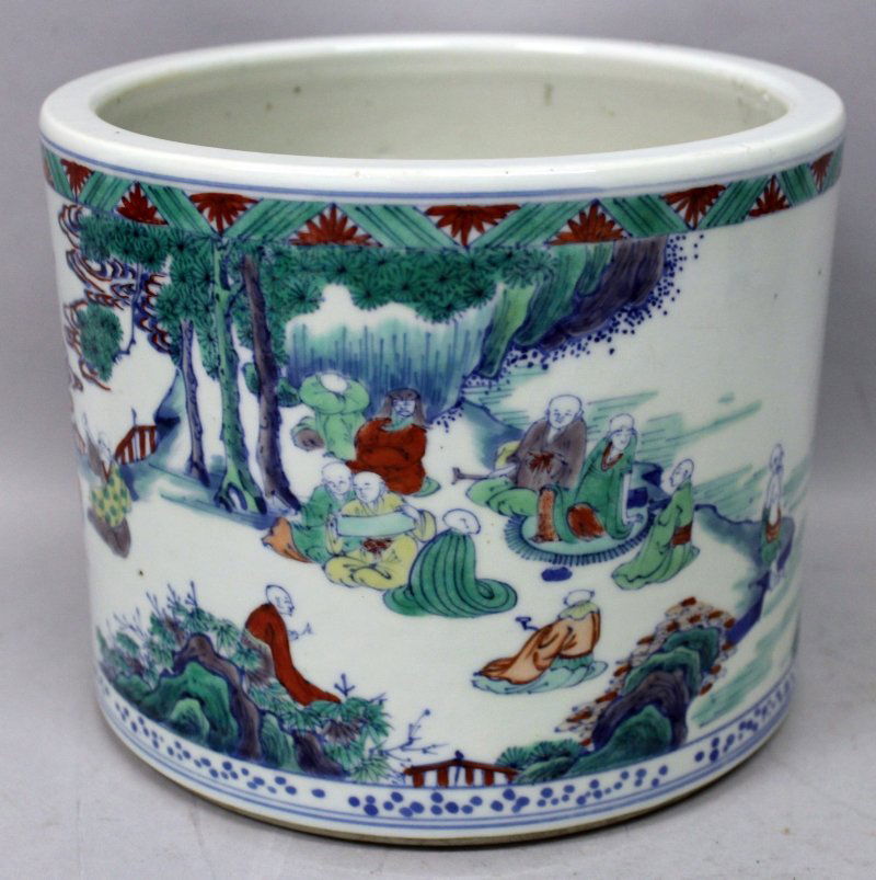 A LARGE CHINESE DOUCAI PORCELAIN BRUSH POT, the sides (1 of 6)