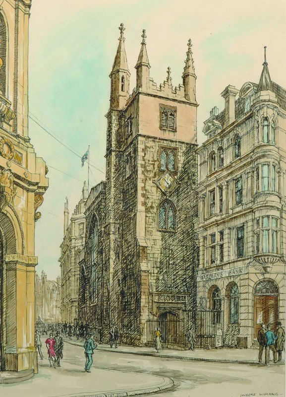 Hubert John Williams (1905-1989) British. 'St Andrew,: Hubert John Williams (1905-1989) British. 'St Andrew, Undershaft', Watercolour and Ink, Signed, and Inscribed on the reverse, 15.5" x 11".