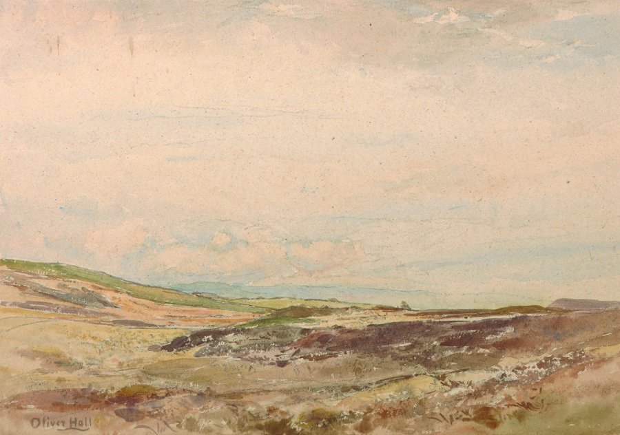 Oliver Hall (1869-1957) British. 'North Country: Oliver Hall (1869-1957) British. 'North Country Moorland', Watercolour, Signed, and Signed, Inscribed and Dated 1951 on the reverse, Unframed, 14" x 20".