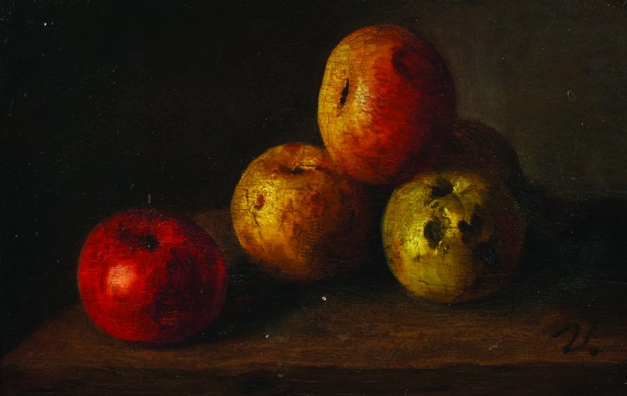 Antoine Vollon (1833-1900) French. Still Life with: Antoine Vollon (1833-1900) French. Still Life with Apples, Oil on Panel, Signed with Initial 'V', 8.25" x 12.5". Provenance; Marlborough Fine Art Ltd, Old Bond Street, London, and numbered 0993.