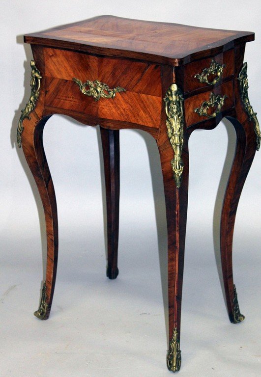 A GOOD 18TH/19TH CENTURY FRENCH KINGWOOD, ROSEWOOD AND: A GOOD 18TH/19TH CENTURY FRENCH KINGWOOD, ROSEWOOD AND ORMOLU WORK TABLE, with two small drawers to one end, a drop down door to the other, supported on slender cabriole legs. 1ft 6ins wide x 2ft 6ins