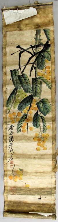 A CHINESE HANGING SCROLL PAINTING ON PAPER, decorated: A CHINESE HANGING SCROLL PAINTING ON PAPER, decorated with a branch of hanging leaf-stemmed fruit, and with an inscription and artistâ€™s seals, the painting itself approx. 52.5in x 13.25in.