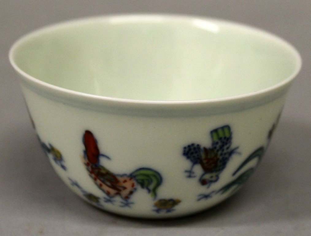 A CHINESE DOUCAI PORCELAIN CHICKEN CUP, the base with a (1 of 8)