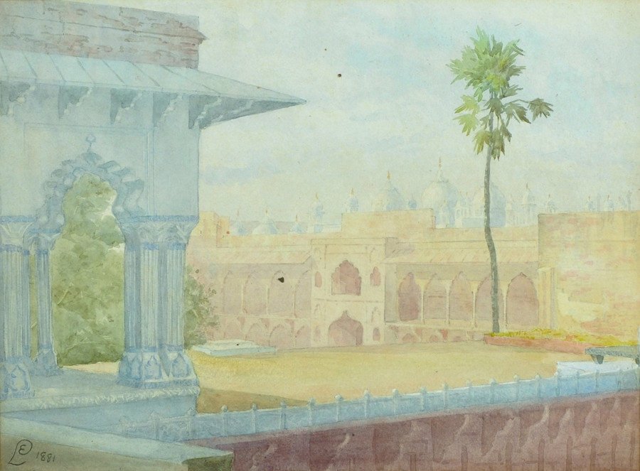 Circle of Edward Lear (1812-1888) British. An Indian: Circle of Edward Lear (1812-1888) British. An Indian Courtyard Scene, Watercolour, Signed with Initials and Dated 1881, 9.75” x 13”.