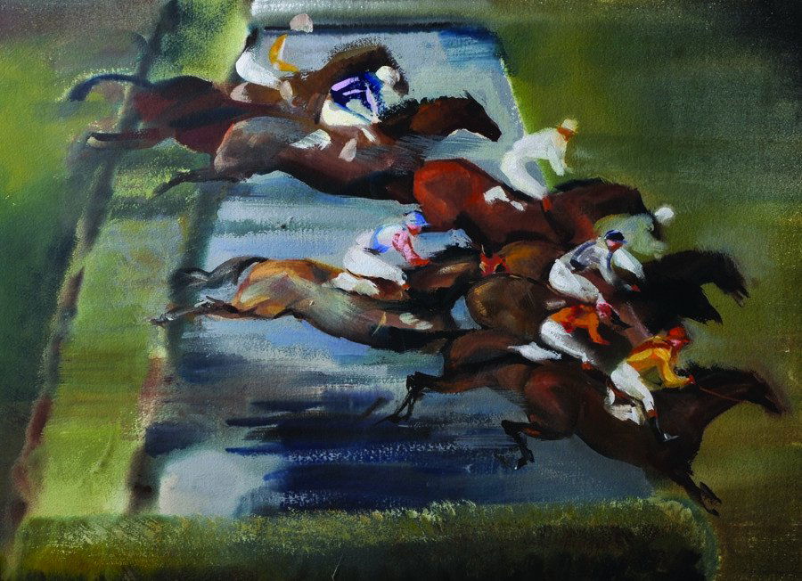 John Rattenbury Skeaping (1901-1980) British. ‘La: John Rattenbury Skeaping (1901-1980) British. ‘La Tribune – Auteuil’, Horses Crossing the Water Jump, Mixed Media, Signed and Dated ’67, 21” x 28.5”. Provenance; Arthur Ackermann and Son L