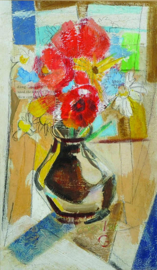 Bridget Leaman (1948- ) British. ‘Summer Flowers’,: Bridget Leaman (1948- ) British. ‘Summer Flowers’, Still Life of Flowers in a Vase, by a Window, Oil and Collage on Board, Signed, Inscribed and Dated 1990 on the reverse, 15” x 9”.