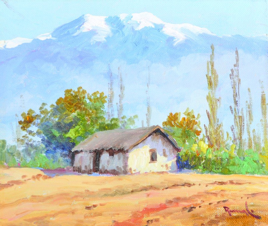 Benito Ramos Catalan (1888-1961) Chilean. ‘Homestead: Benito Ramos Catalan (1888-1961) Chilean. ‘Homestead before Snow Capped Mountains’, Oil on Board, Signed, and Inscribed on the reverse, Unframed, 6” x 7”.