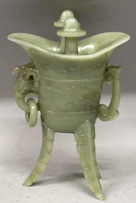 A 20TH CENTURY CHINESE OLIVE GREEN JADE TRIPOD CENSER, (1 of 6)