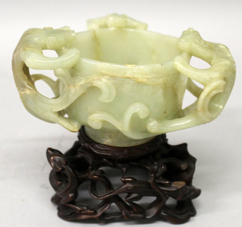 A GOOD CHINESE THREE-HANDLED CELADON JADE LIBATION CUP, (1 of 9)