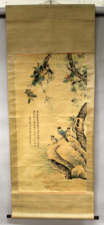 A CHINESE HANGING SCROLL PICTURE, within a silk (1 of 6)