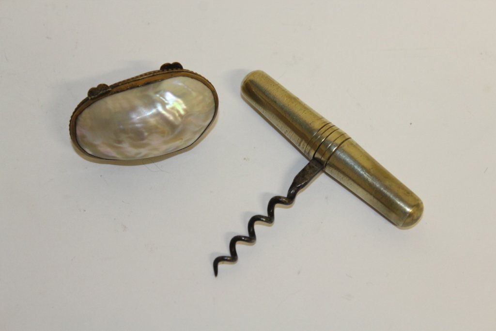 A plated bottle opener and a mother-of-pearl box (2).: A plated bottle opener and a mother-of-pearl box (2).