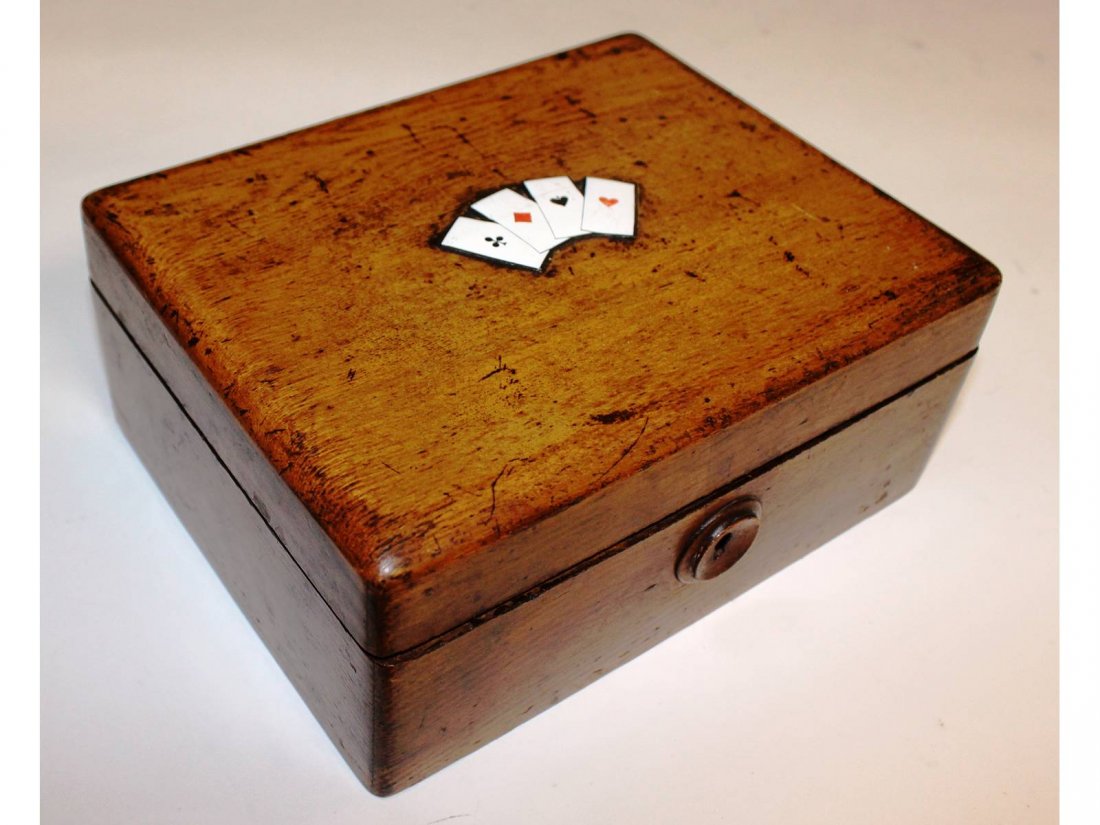 A two division card box, the lid with four enamel: A two division card box, the lid with four enamel cards. 6.5ins wide.