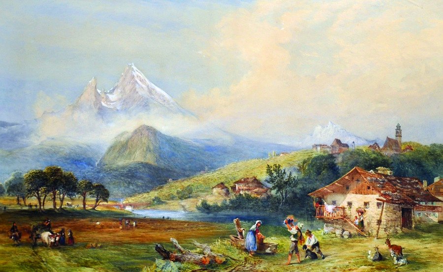 James Burrell Smith (1822-1897) British. An Alpine: James Burrell Smith (1822-1897) British. An Alpine River Landscape, with Figures in the foreground, Watercolour, 20.5" x 34".