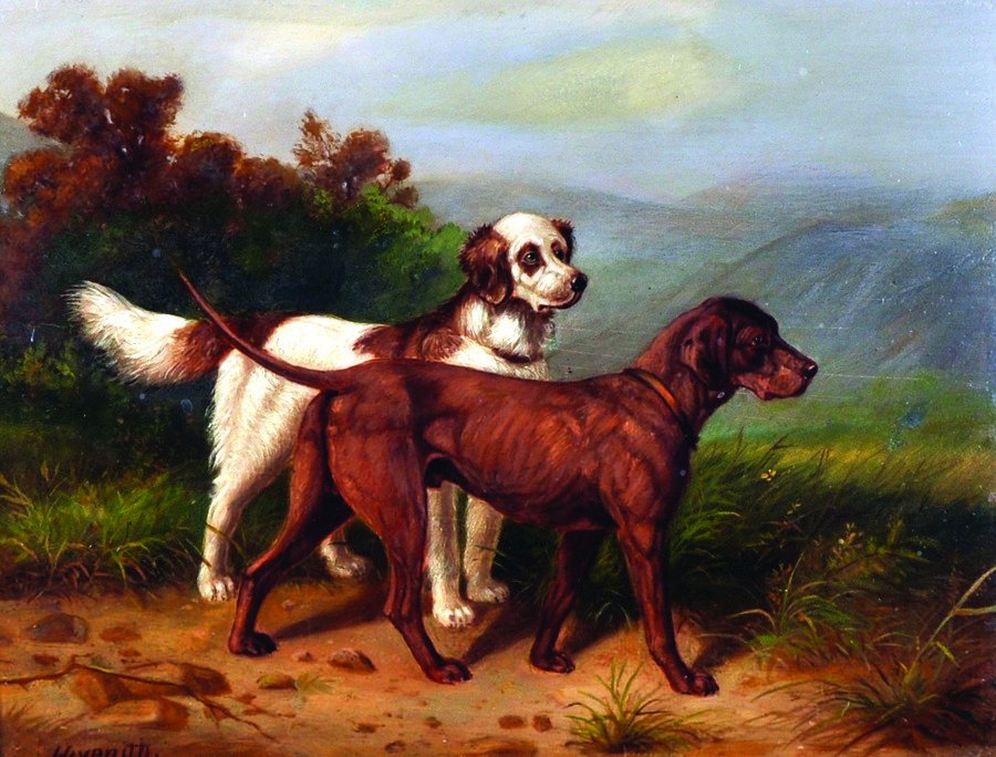 Hugo Havenith (1853-1900) German. Two Dogs in a: Hugo Havenith (1853-1900) German. Two Dogs in a Landscape, Oil on Panel, Signed, 8" x 10.5".
