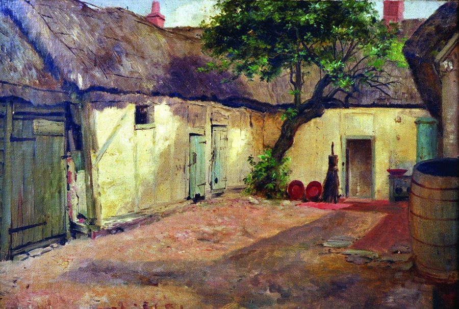 Thomas Blinks (1860-1912) British. A Courtyard with: Thomas Blinks (1860-1912) British. A Courtyard with Farm Buildings, Oil on Canvas laid down, 12" x 17.5". Provenance; Studio Sale.